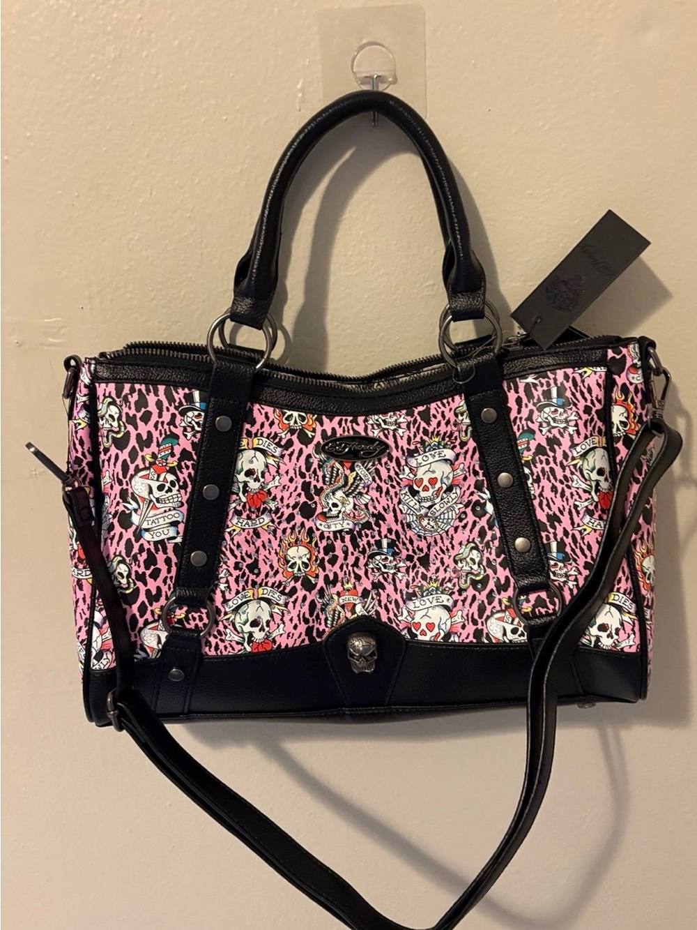 Ed Hardy Pink Tattoo Skull Shoulder Satchel with Black Trim